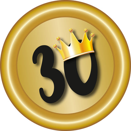 Schützenscheibe 30 Jahre Jubiläum – Zahl 30 mit Krone im goldenen Verlauf, personalisierbar mit Text und Jahreszahl
